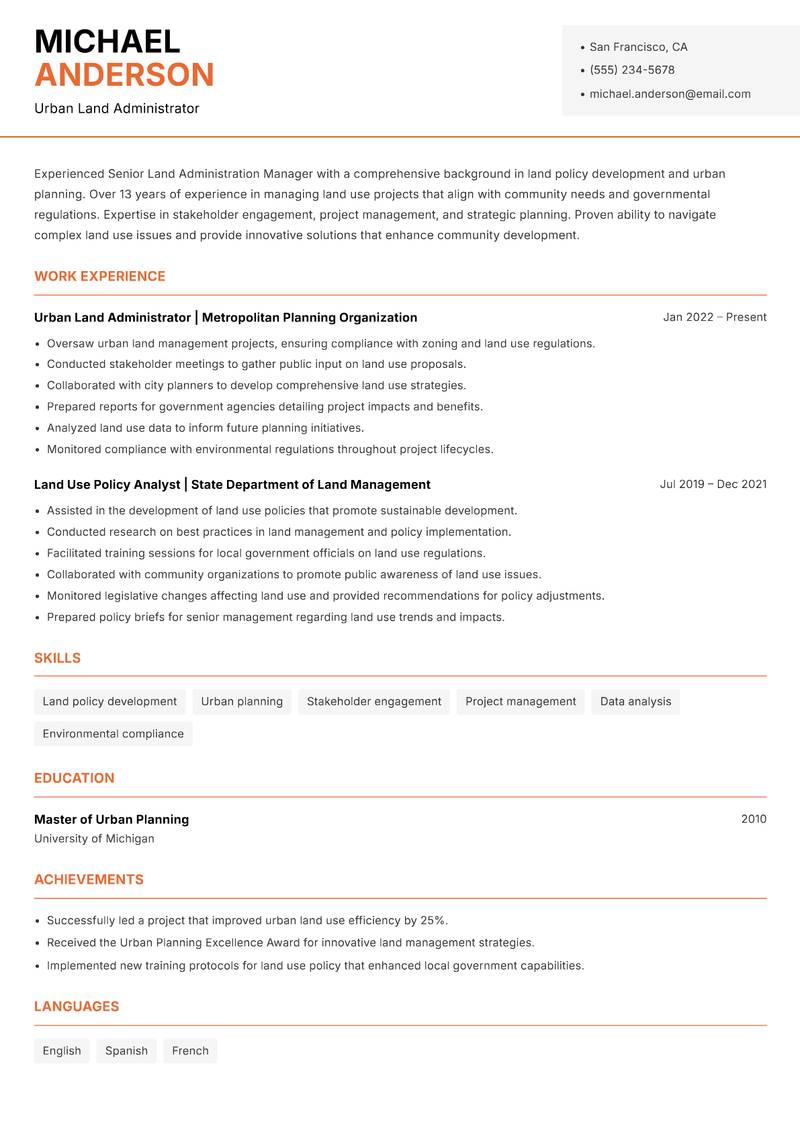 Senior Land Administration Manager resume template — Modern Professional