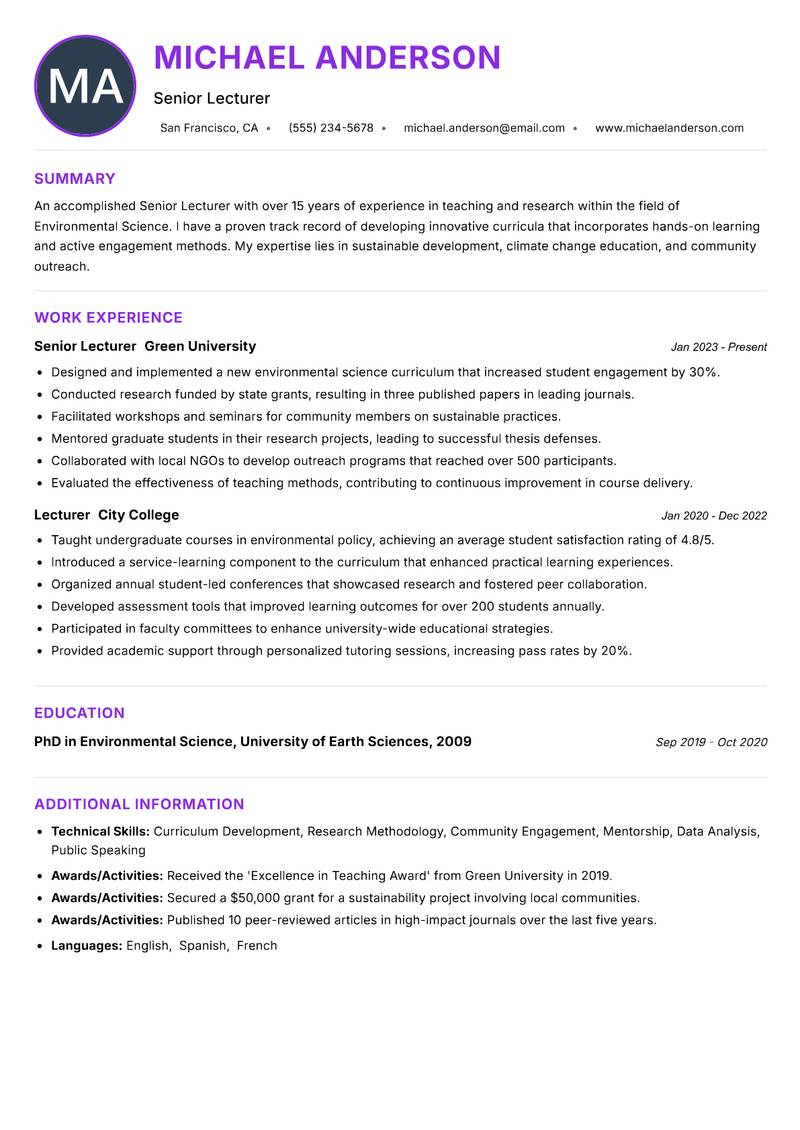 Senior Lecturer resume example — ATS-friendly template