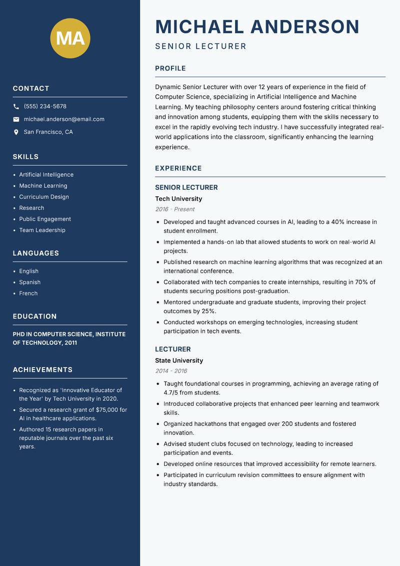 Senior Lecturer resume template — Classic Clean