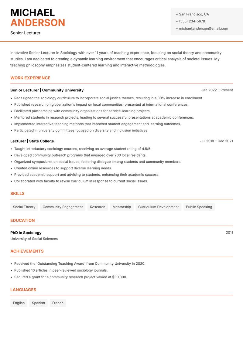 Senior Lecturer resume template — Modern Professional