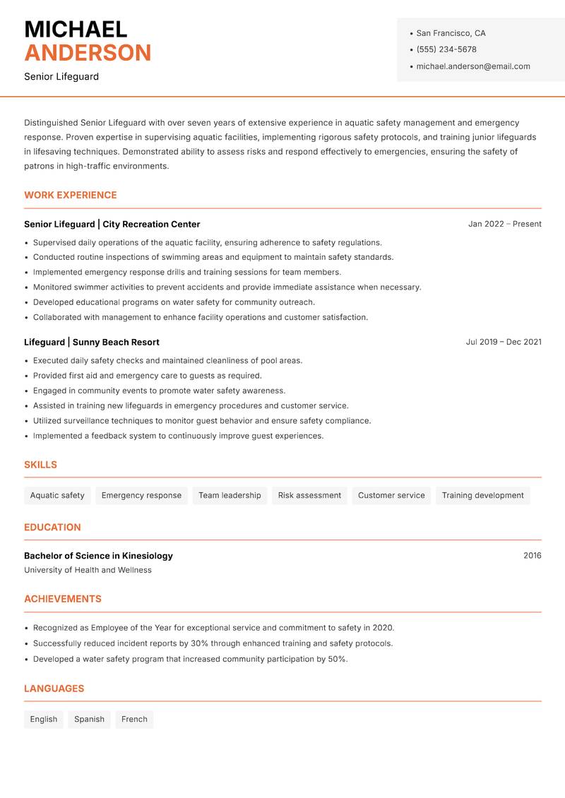 Senior Lifeguard resume template — Modern Professional