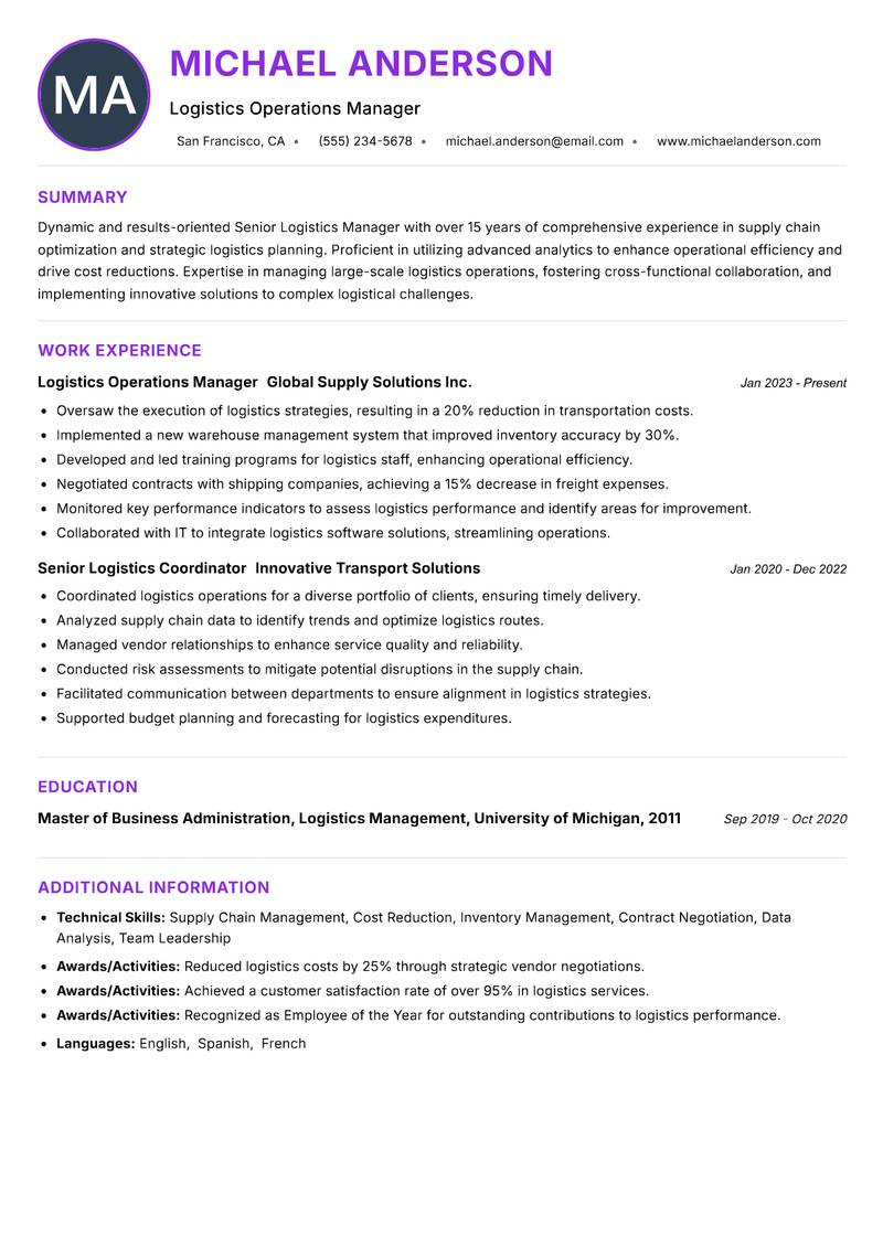Senior Logistics Manager resume example — ATS-friendly template