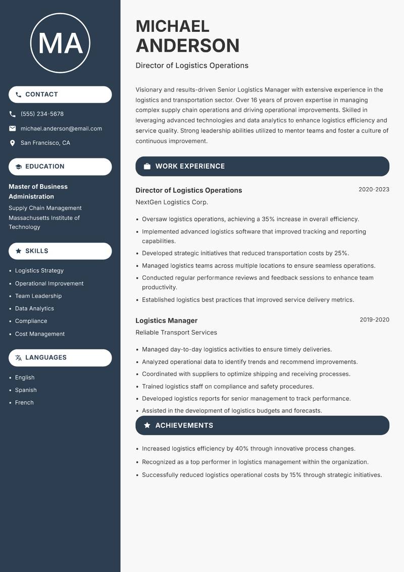 Senior Logistics Manager resume template — Compact