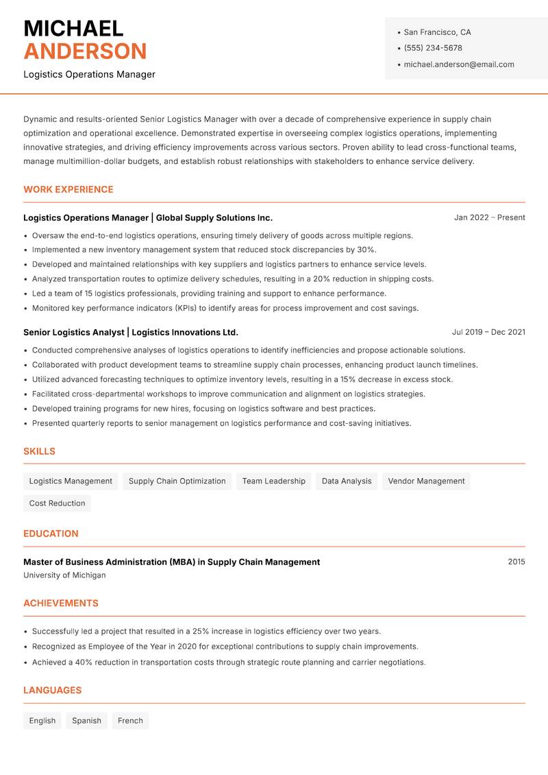 Senior Logistics Manager resume template — Modern Professional
