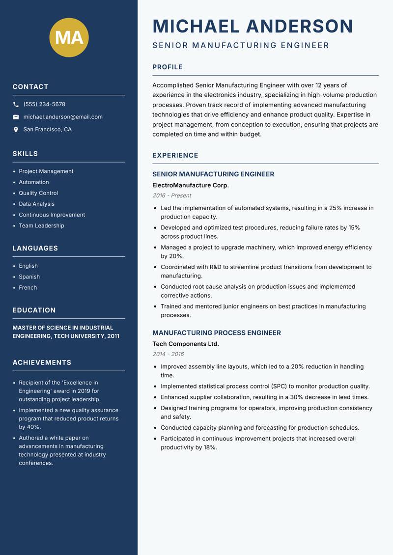 Senior Manufacturing Engineer resume template — Classic Clean