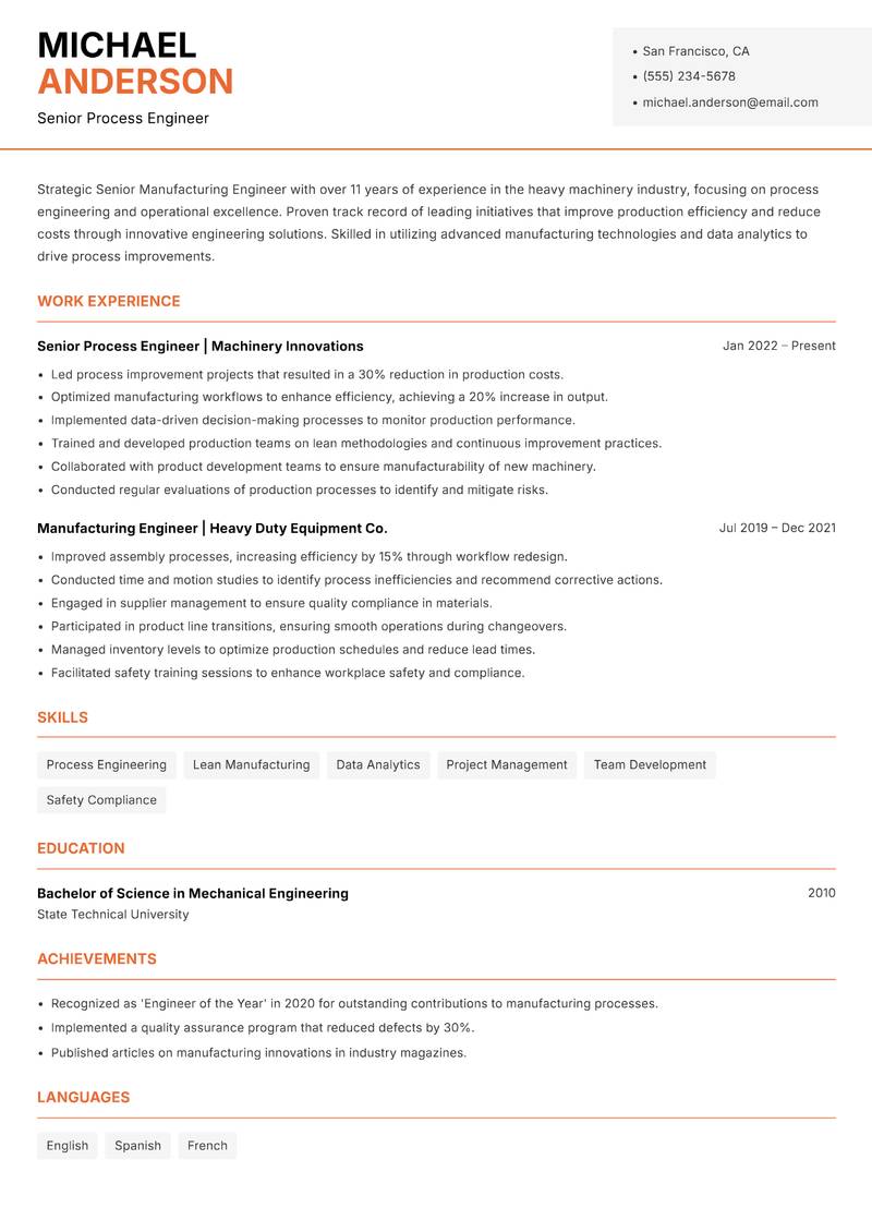 Senior Manufacturing Engineer resume template — Modern Professional