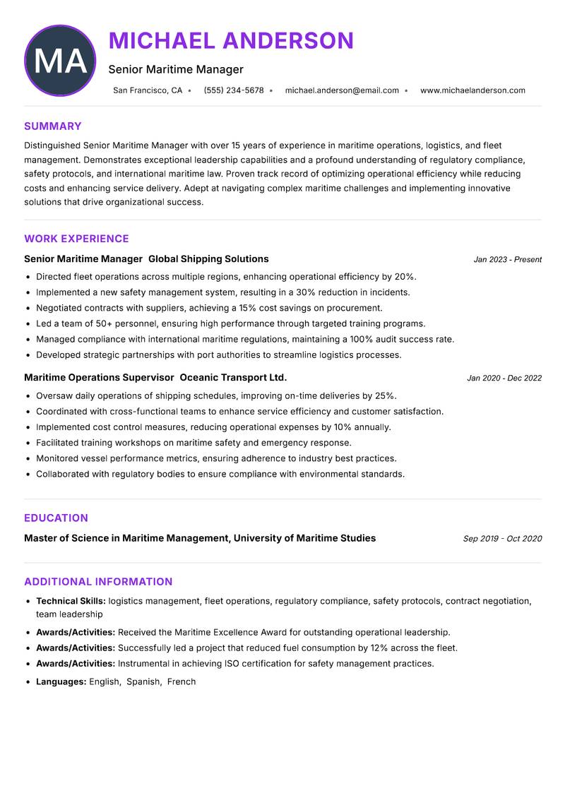 Senior Maritime Manager resume example — ATS-friendly template