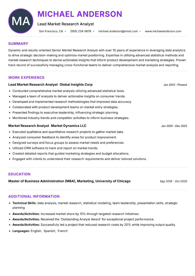 Senior Market Research Analyst resume example — ATS-friendly template