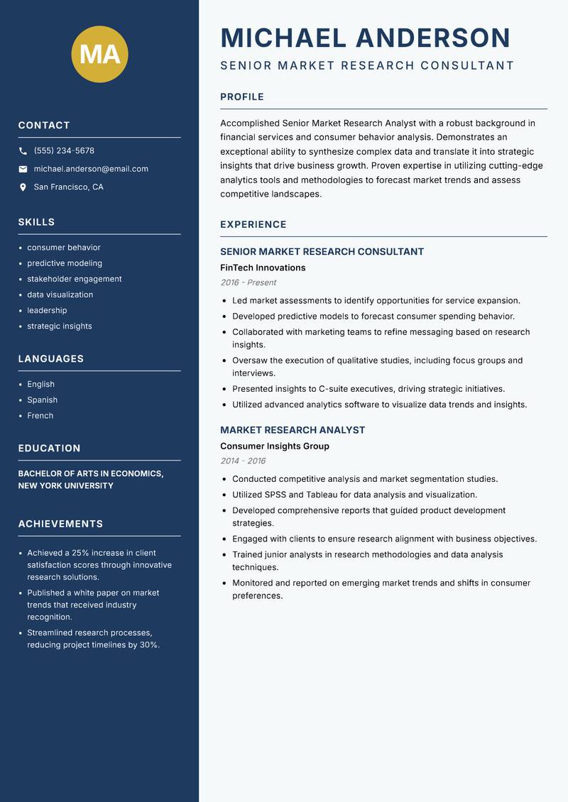 Senior Market Research Analyst resume template — Classic Clean