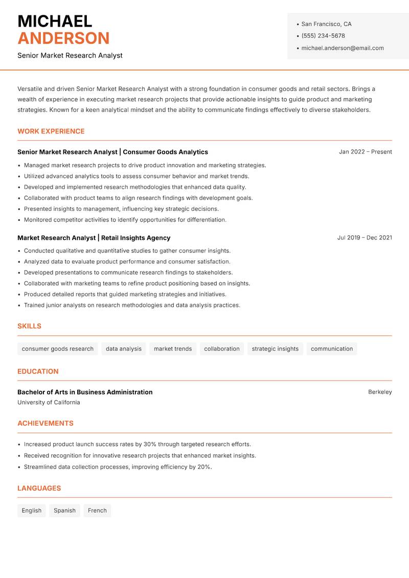 Senior Market Research Analyst resume template — Modern Professional