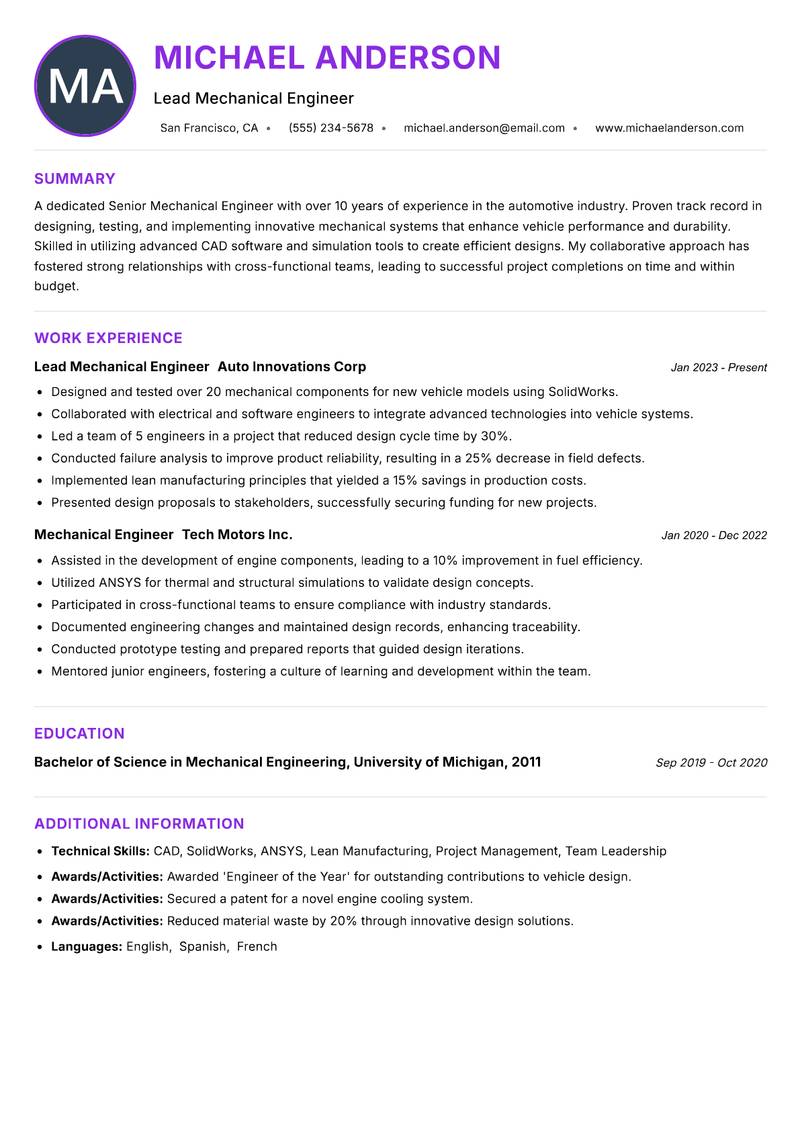 Senior Mechanical Engineer resume example — ATS-friendly template