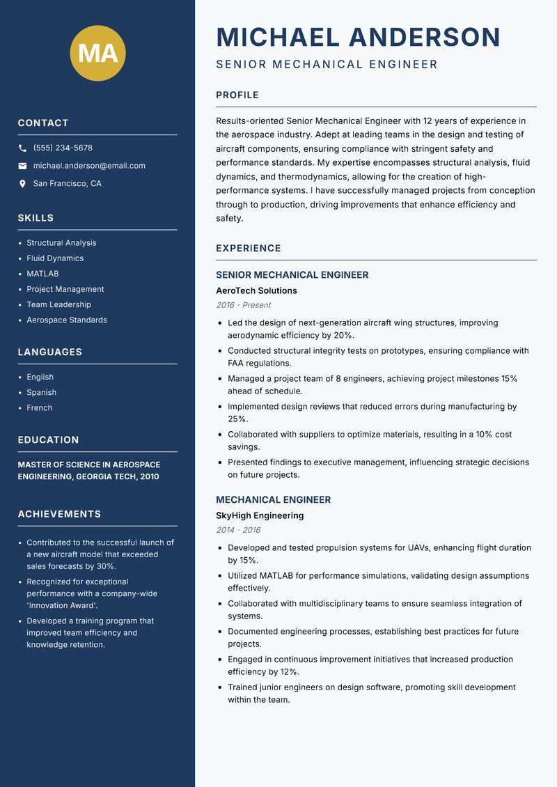 Senior Mechanical Engineer resume template — Classic Clean