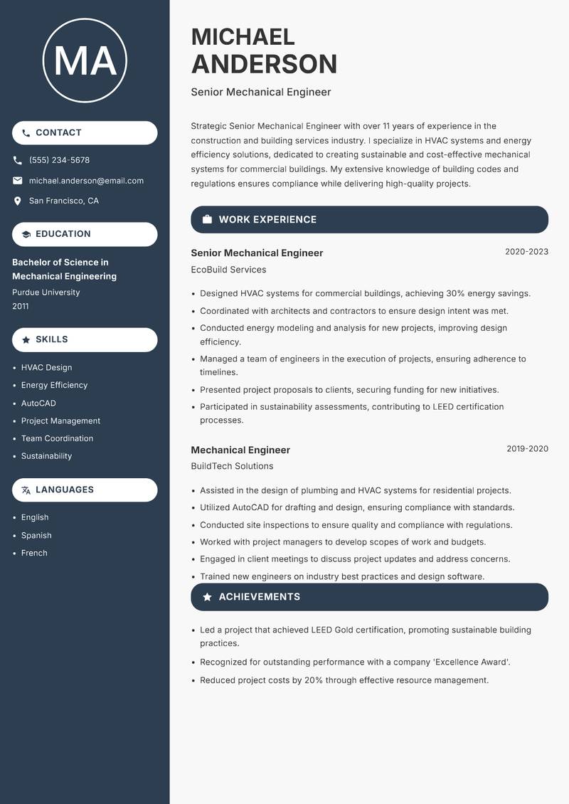 Senior Mechanical Engineer resume template — Compact
