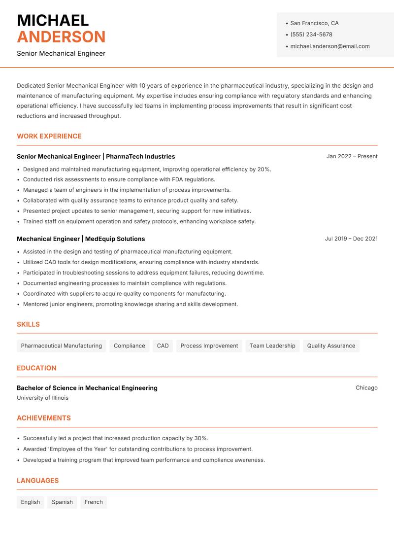 Senior Mechanical Engineer resume template — Modern Professional