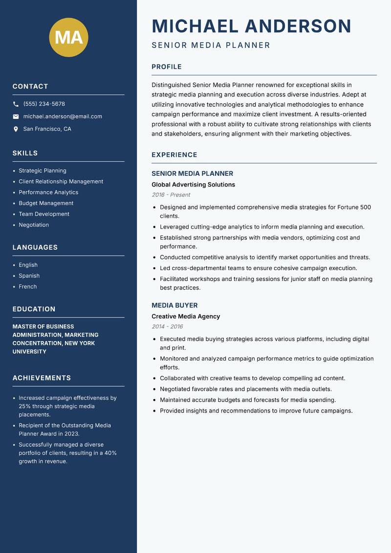 Senior Media Planner resume template — Classic Clean