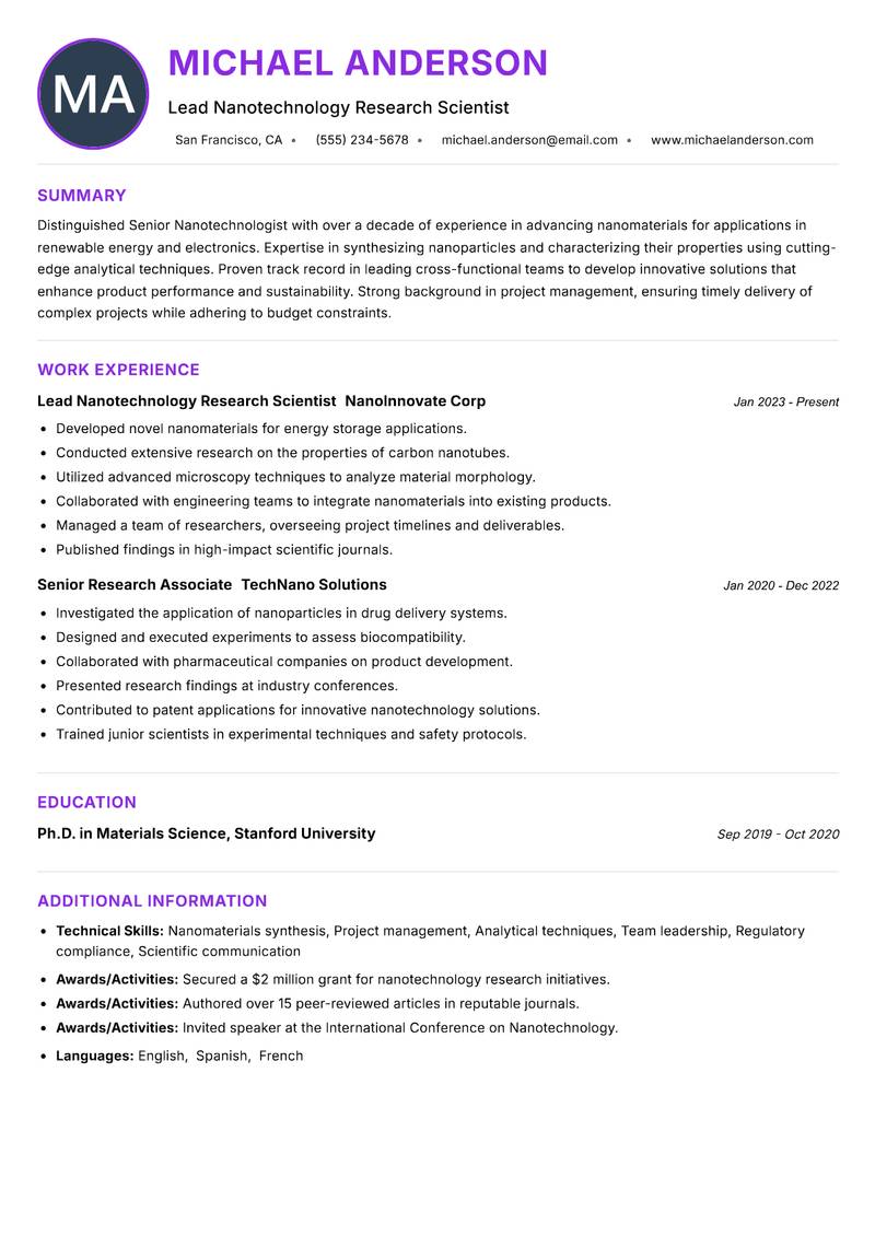 Senior Nanotechnologist resume example — ATS-friendly template
