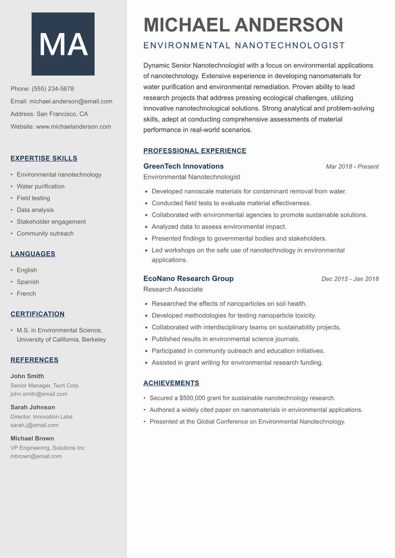 Senior Nanotechnologist resume template — Creative Minimal