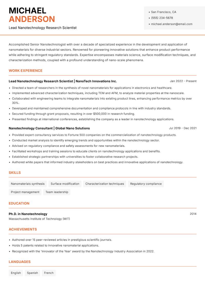 Senior Nanotechnologist resume template — Modern Professional