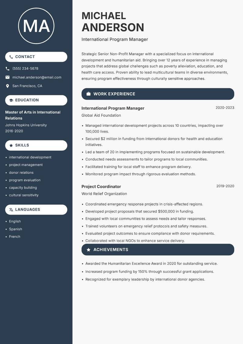 Senior Non-Profit Manager resume template — Compact