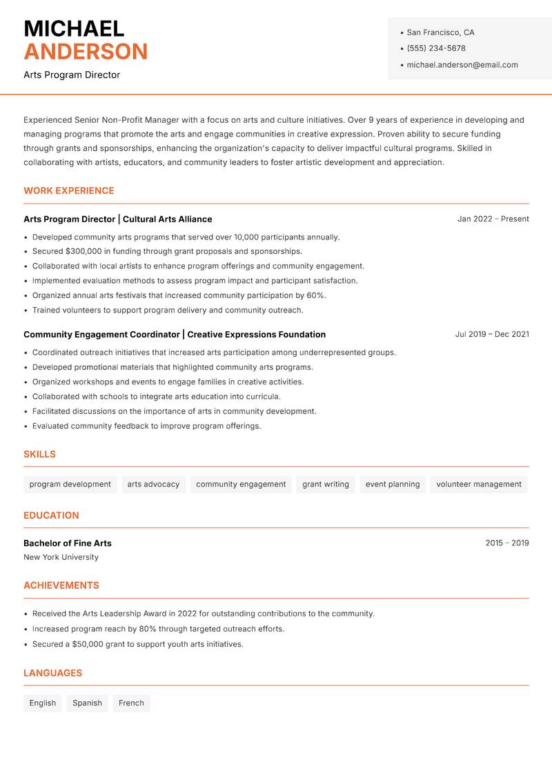 Senior Non-Profit Manager resume template — Modern Professional