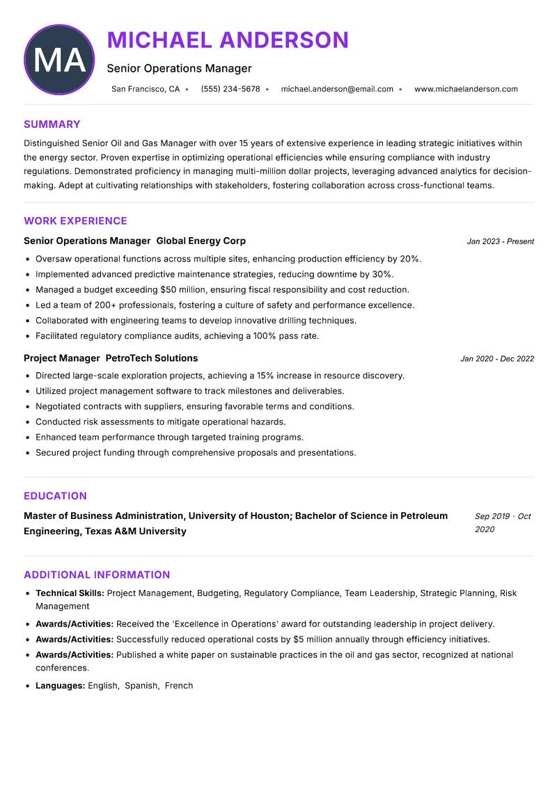 Senior Oil and Gas Manager resume example — ATS-friendly template