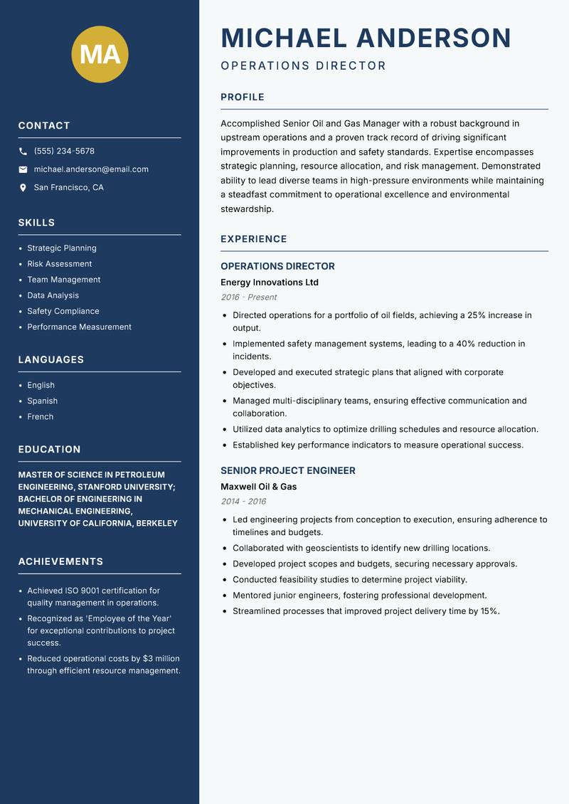 Senior Oil and Gas Manager resume template — Classic Clean