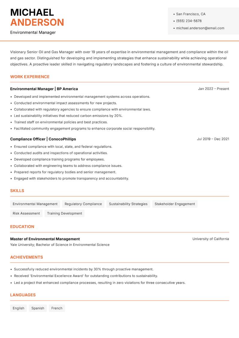 Senior Oil and Gas Manager resume template — Modern Professional