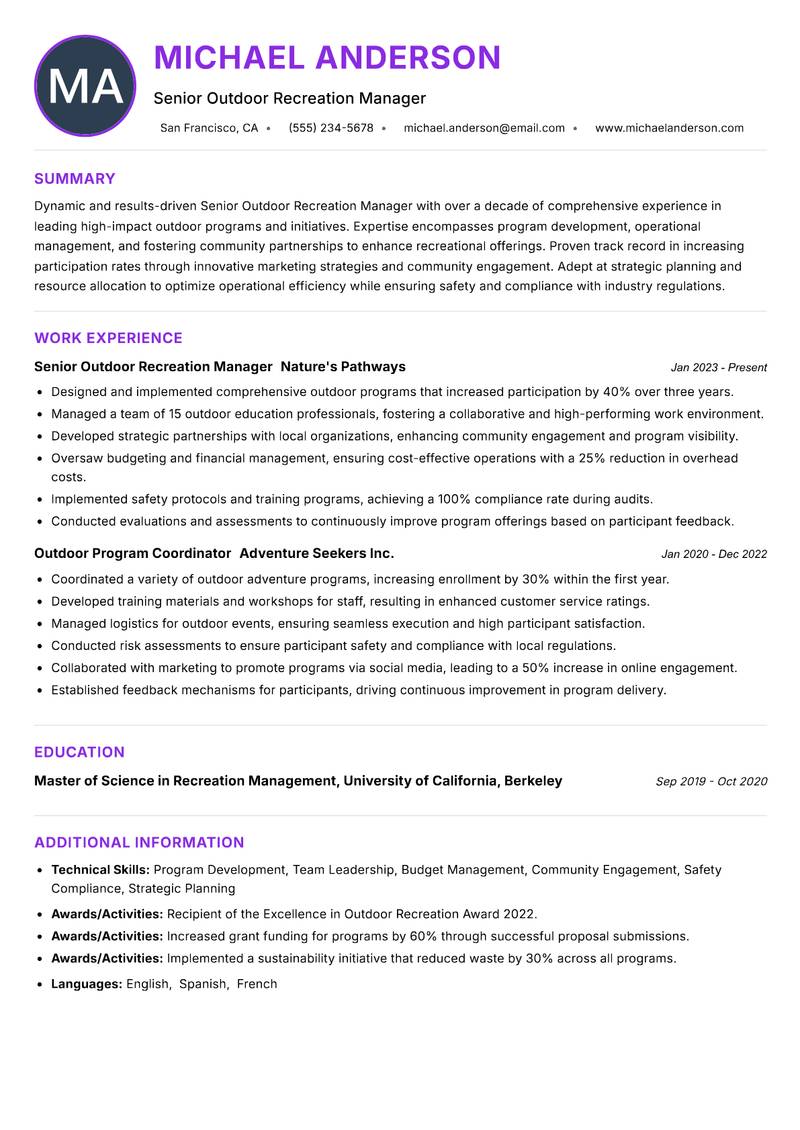 Senior Outdoor Recreation Manager resume example — ATS-friendly template