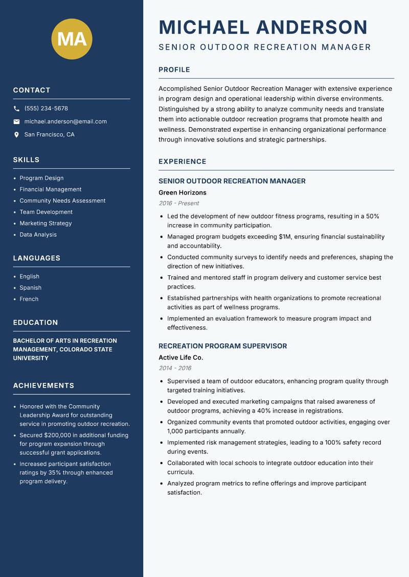 Senior Outdoor Recreation Manager resume template — Classic Clean
