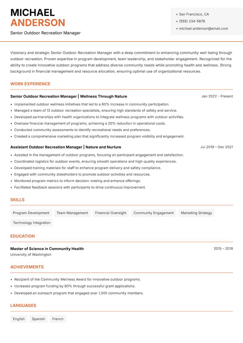 Senior Outdoor Recreation Manager resume template — Modern Professional