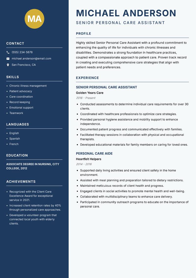 Senior Personal Care Assistant resume template — Classic Clean