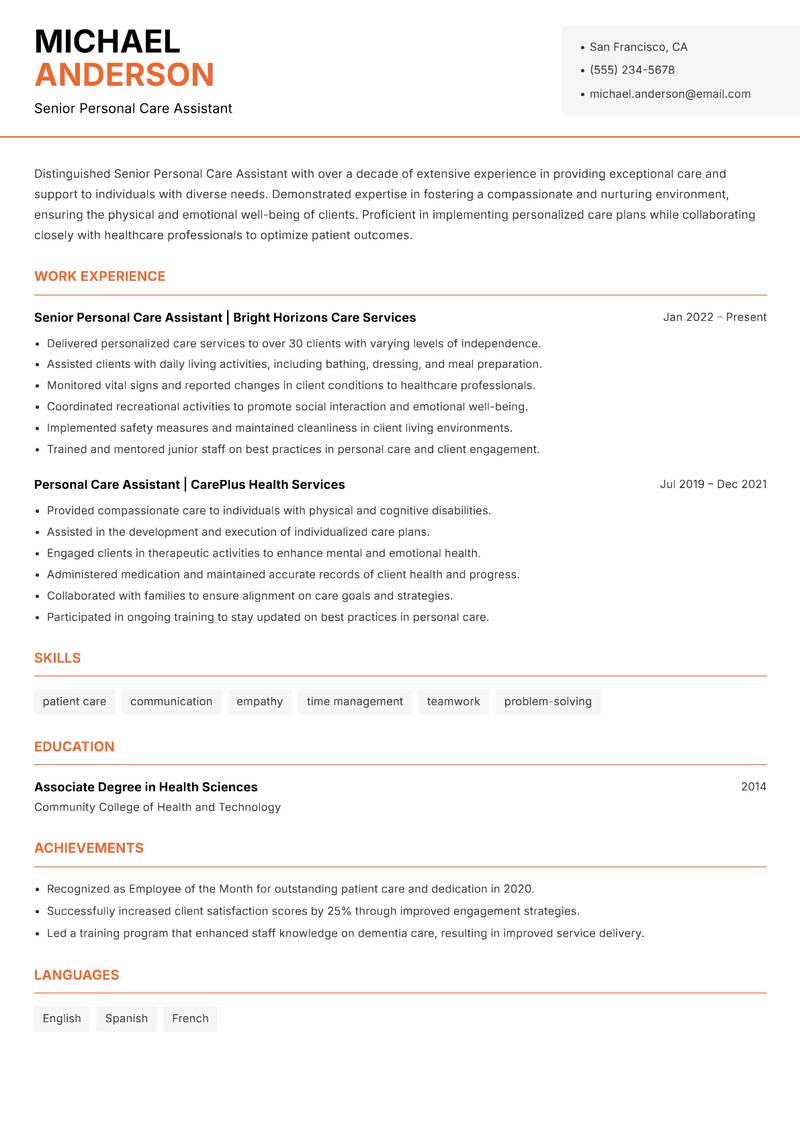 Senior Personal Care Assistant resume template — Modern Professional