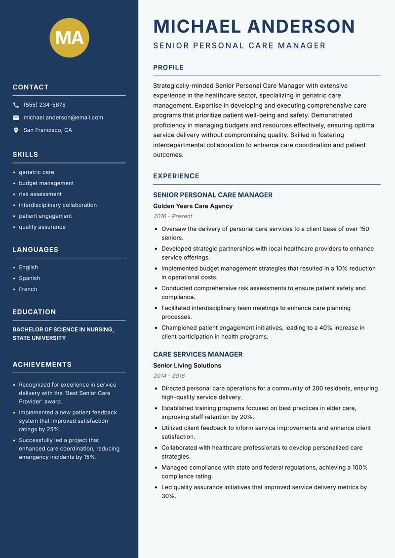 Senior Personal Care Manager resume template — Classic Clean