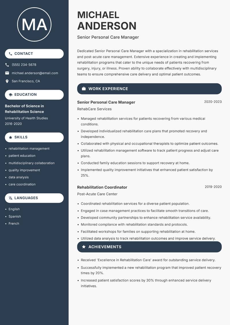 Senior Personal Care Manager resume template — Compact