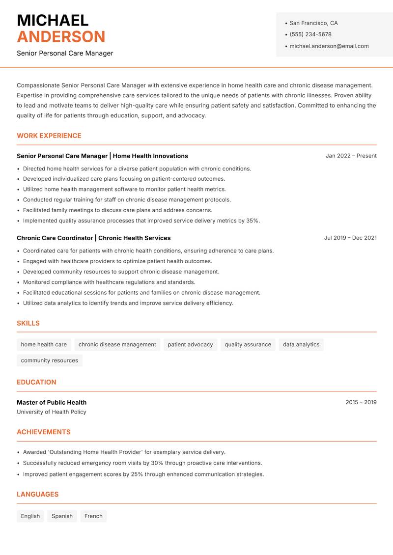 Senior Personal Care Manager resume template — Modern Professional