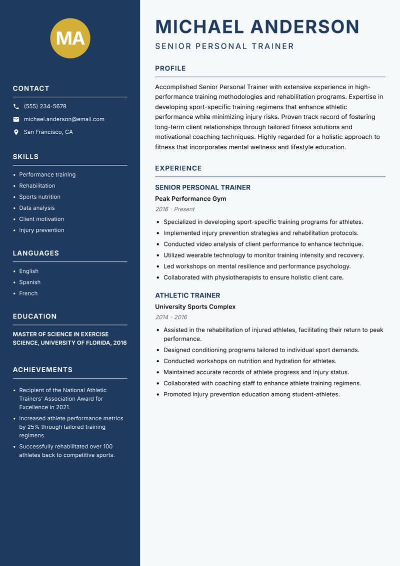 Senior Personal Trainer resume template — Classic Clean