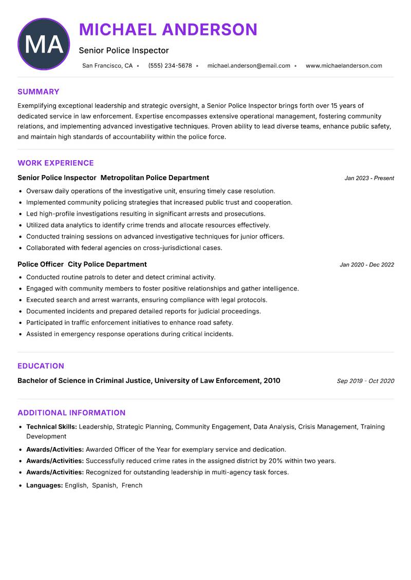 Senior Police Inspector resume example — ATS-friendly template
