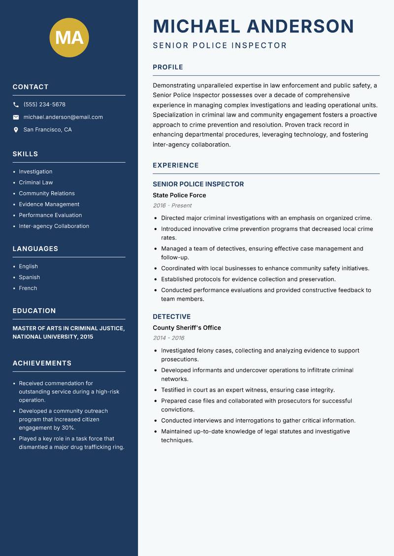Senior Police Inspector resume template — Classic Clean