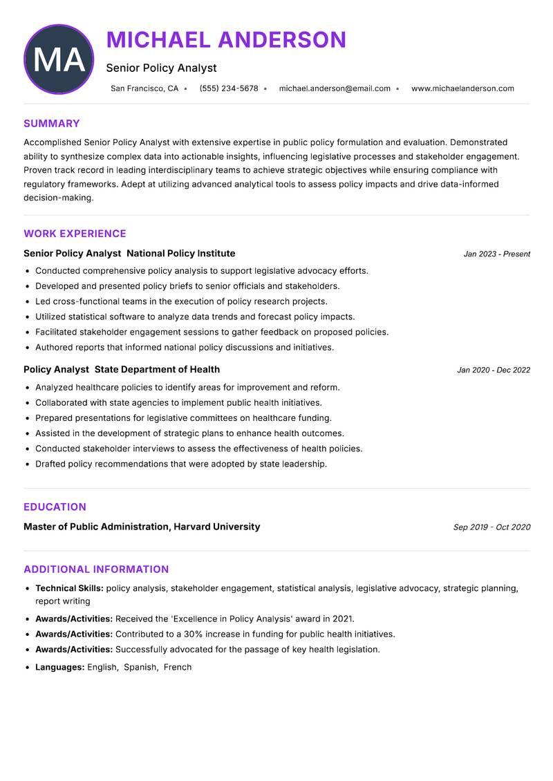 Senior Policy Analyst resume example — ATS-friendly template