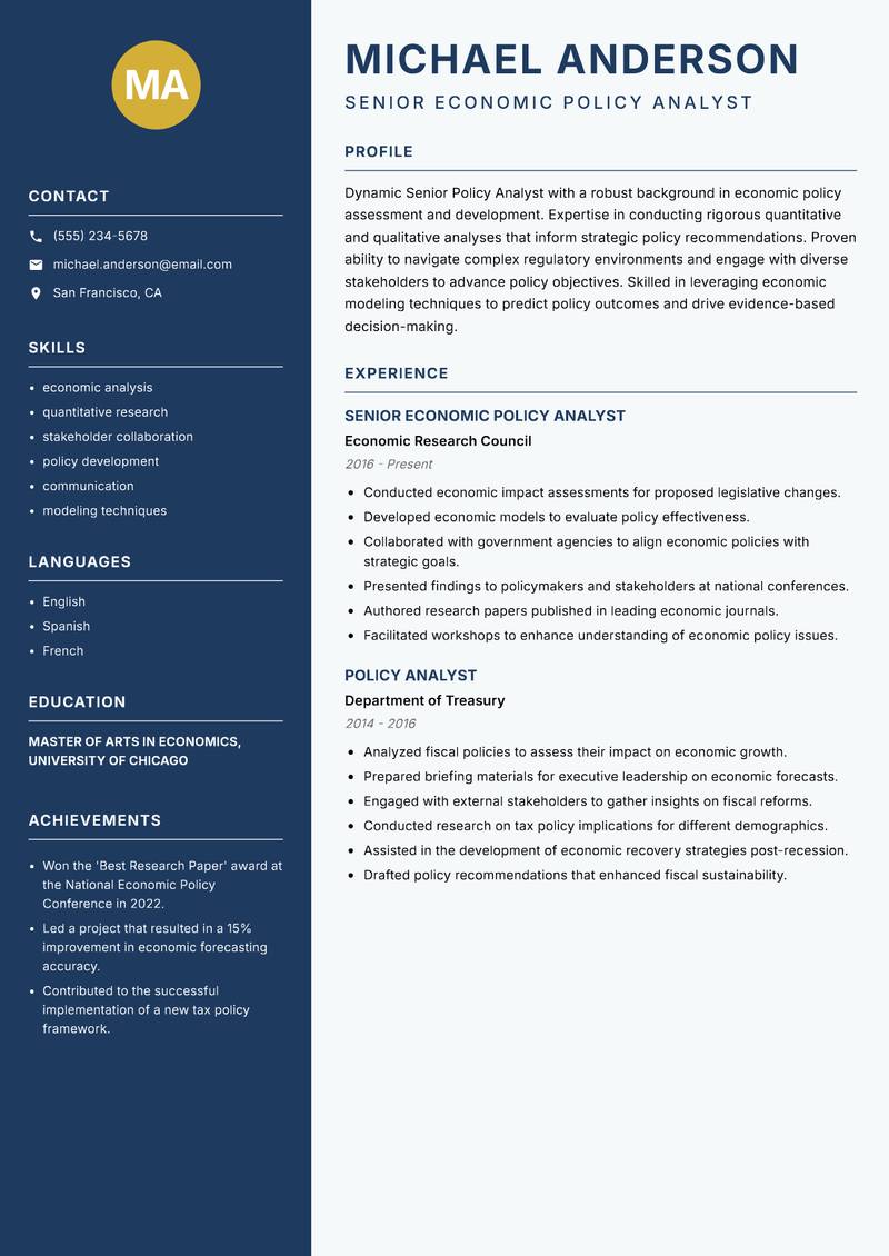 Senior Policy Analyst resume template — Classic Clean