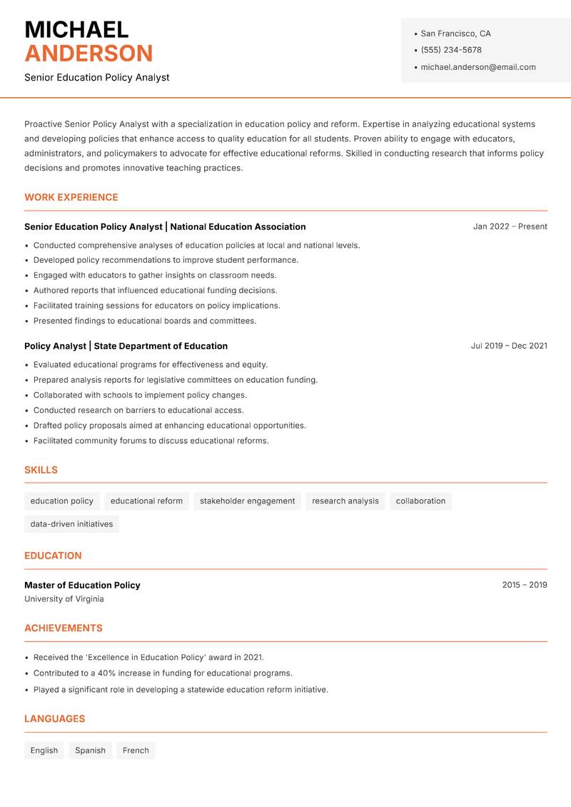 Senior Policy Analyst resume template — Modern Professional
