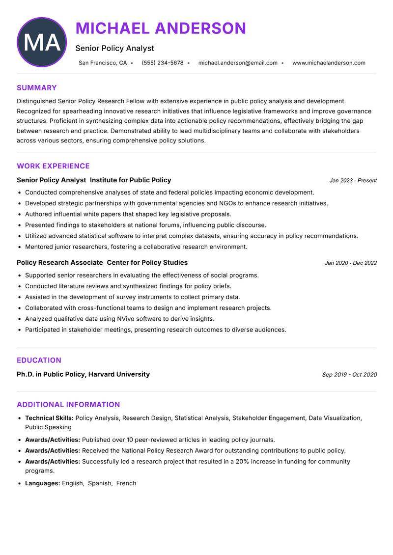 Senior Policy Research Fellow resume example — ATS-friendly template