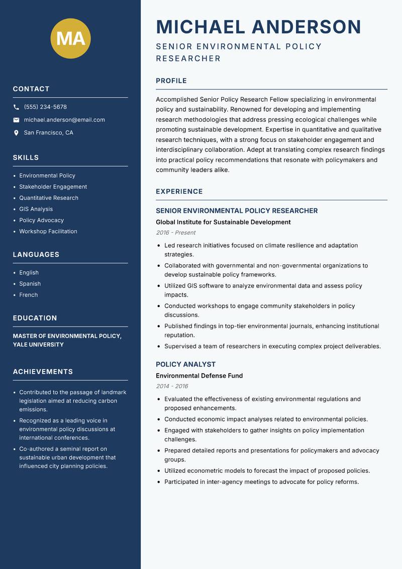 Senior Policy Research Fellow resume template — Classic Clean