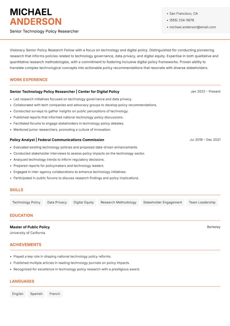 Senior Policy Research Fellow resume template — Modern Professional