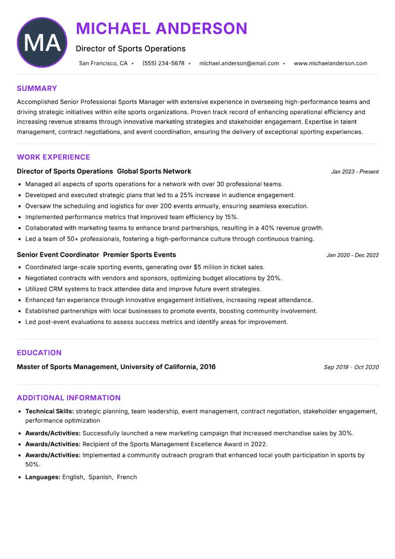 Senior Professional Sports Manager resume example — ATS-friendly template
