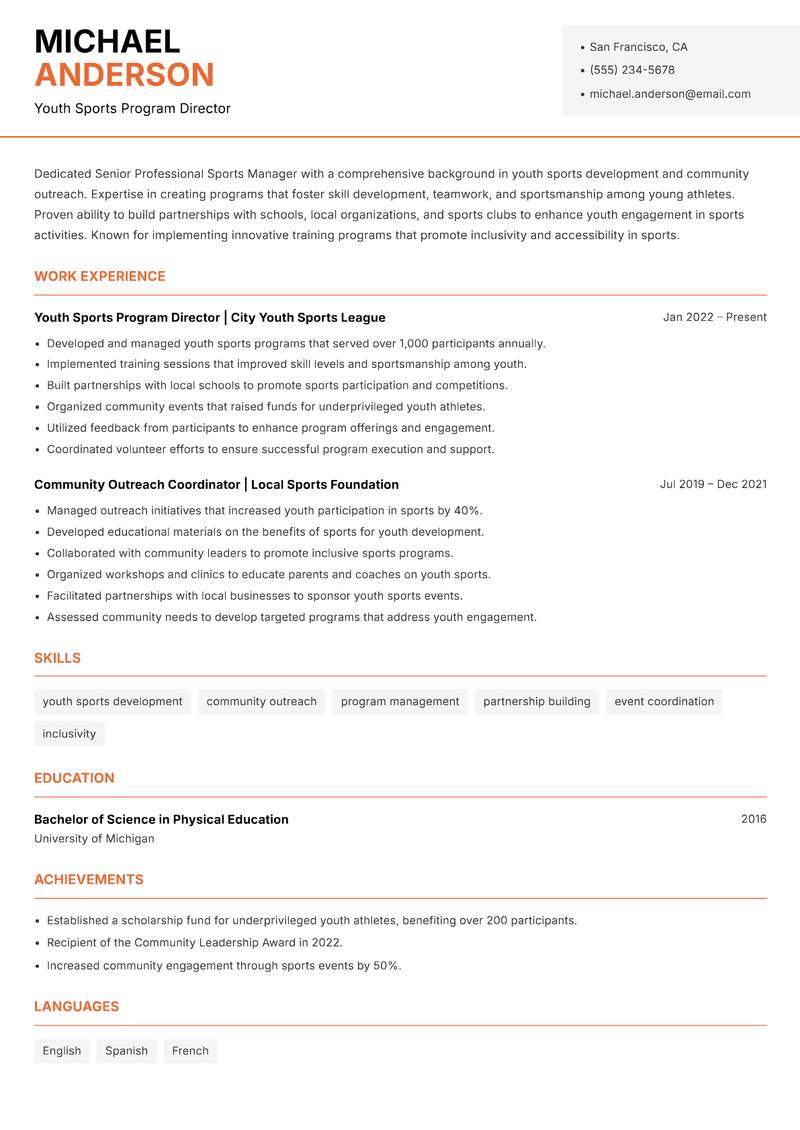 Senior Professional Sports Manager resume template — Modern Professional
