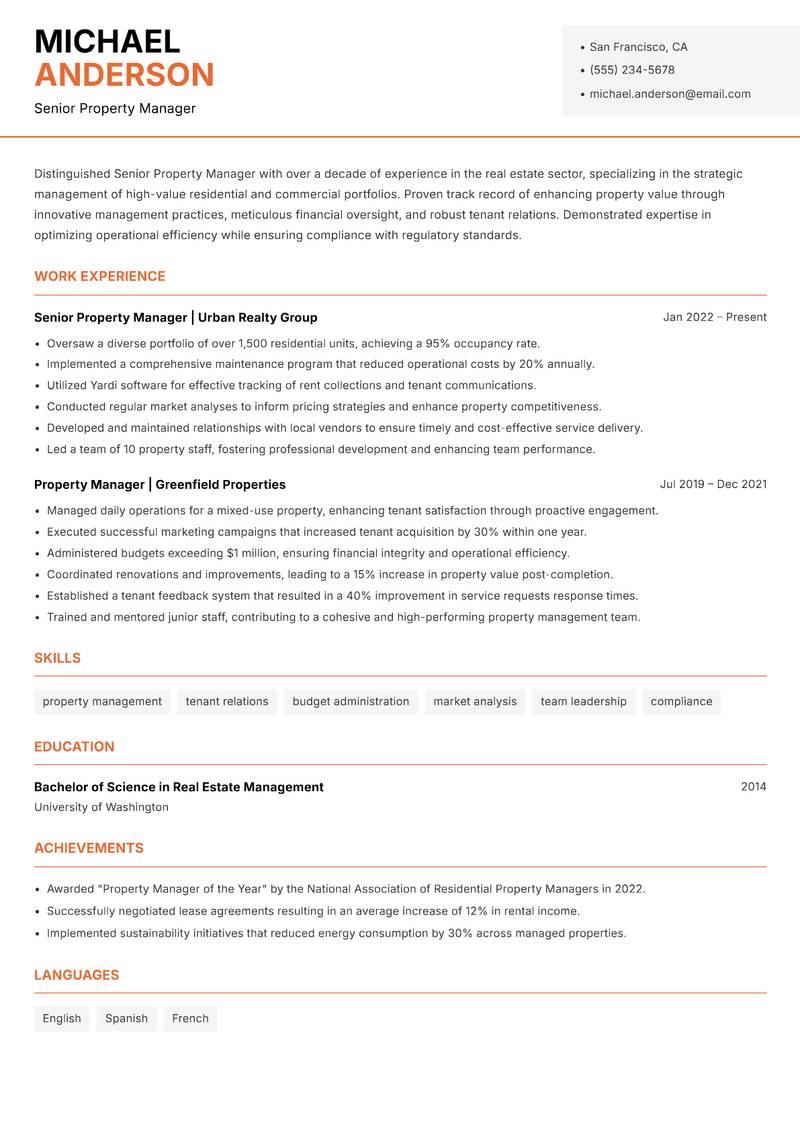 Senior Property Manager resume template — Modern Professional