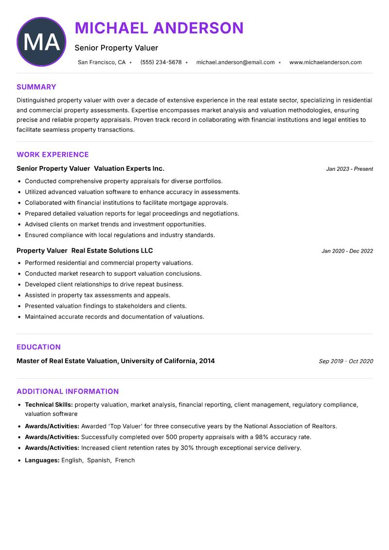 Senior Property Valuer resume example — ATS-friendly template