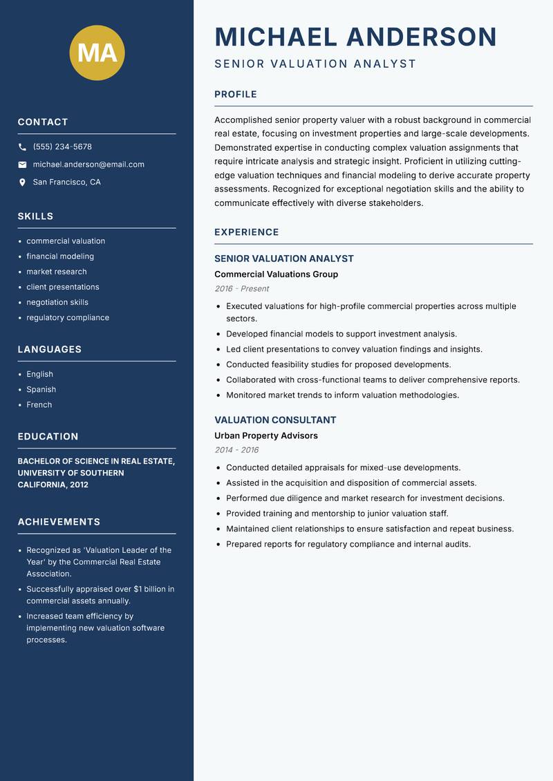 Senior Property Valuer resume template — Classic Clean