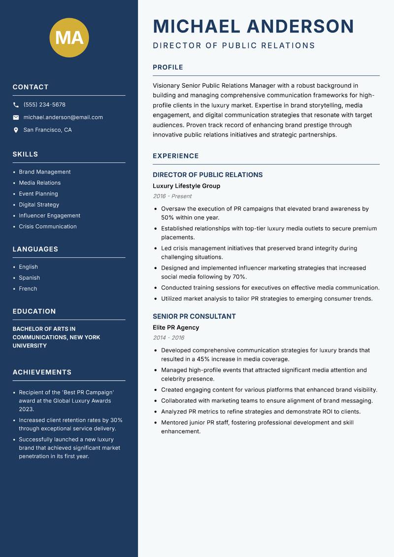 Senior Public Relations Manager resume template — Classic Clean